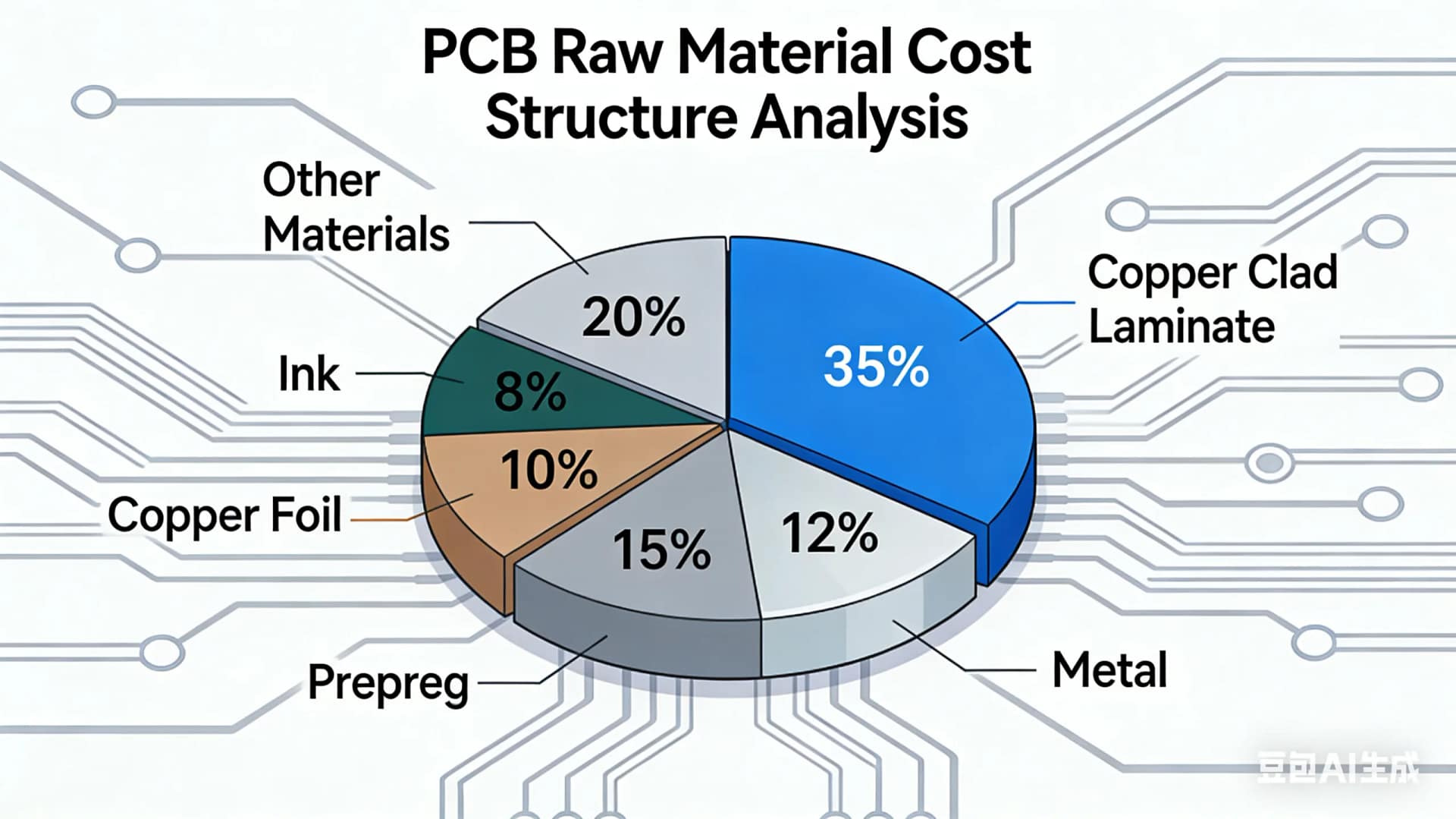 Analysis chart showing cost proportion of key PCB manufacturing materials like Copper-Clad Laminate, Precious Metals, Prepreg, essential for PCB cost research.