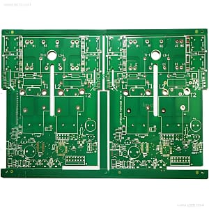 Double-sided FR4 power PCB with wide copper traces and multiple vias for high current capacity.