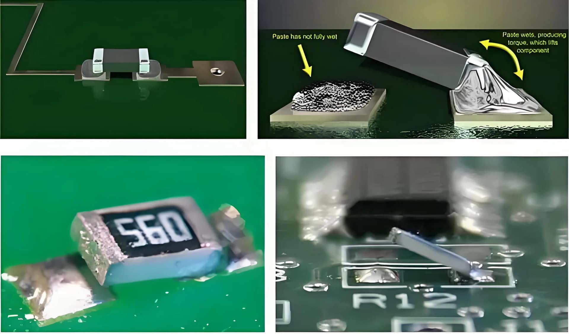 PCBA에서 묘비 결함의 그림, 칩 구성 요소의 끝을 표시합니다