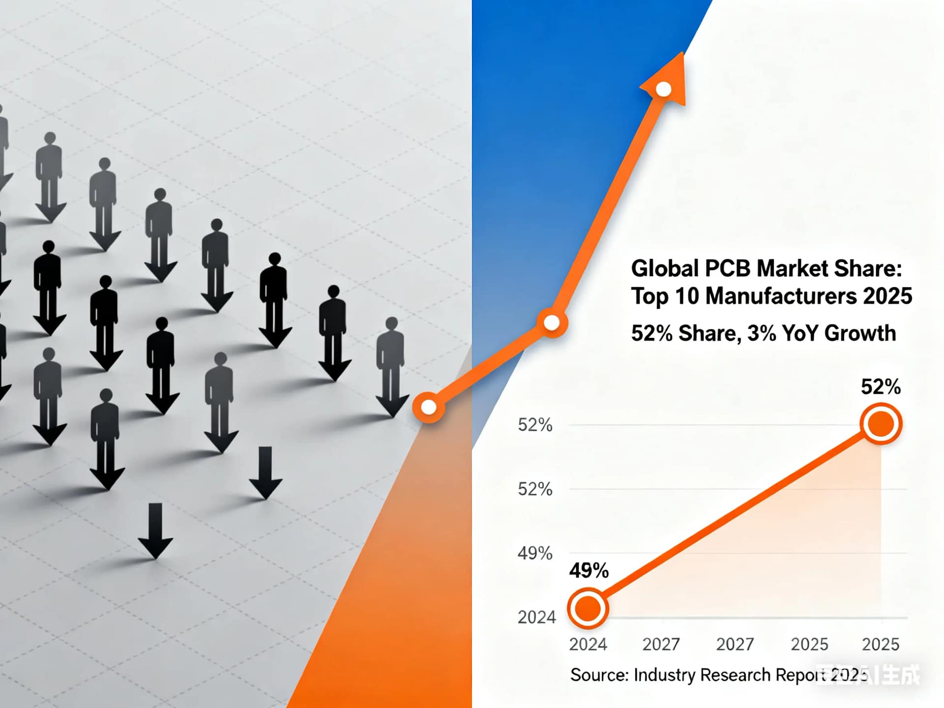 Graphic depicting PCB industry restructuring with market share consolidation and impact on SMEs