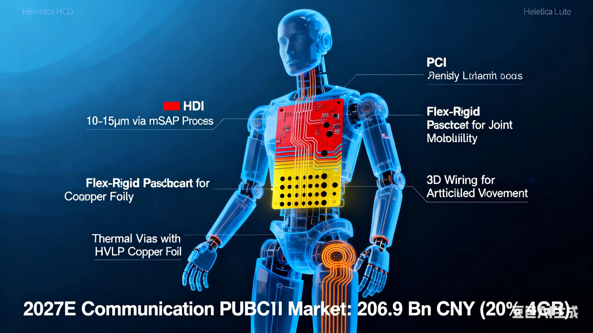 Diagram of humanoid robot PCB multi-layer architecture showing HDI, rigid-flex zones, and thermal vias, illustrating 3D routing applications across robot joints.